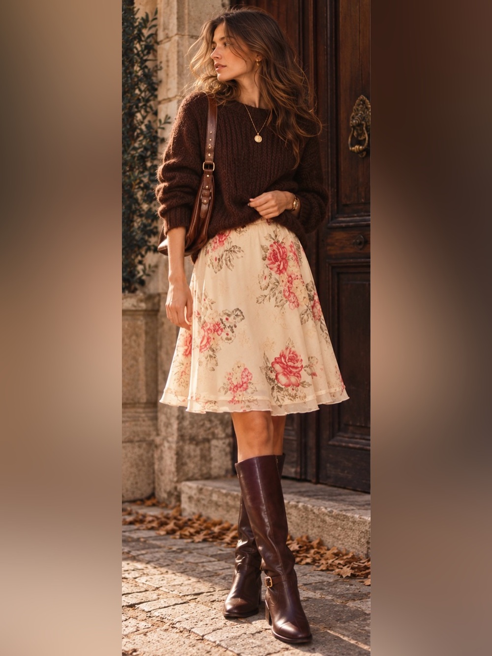 90s/y2k Floral Chiffon A-Line Skirt in Cream with Pink Rose Print